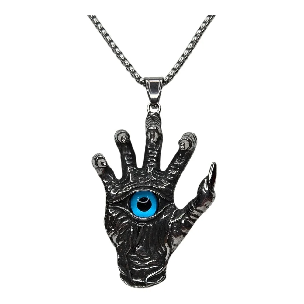 Vintage Monster Hand Necklace Metal Silver Tone Evil Eye Goth Punk Pendant